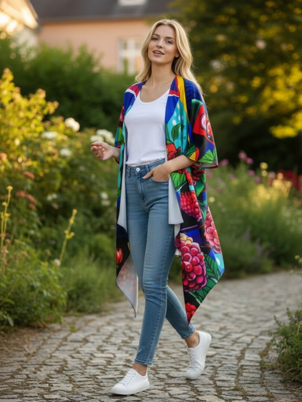 Berry Mosaic Draped Kimono - Picture 1 of 4